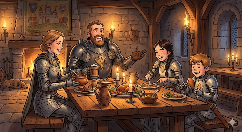Family in medieval armor at a castle table